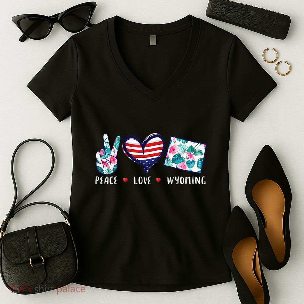 Peace Love Wyoming Flag Grown Souvenirs Women's V-Neck T-Shirt
