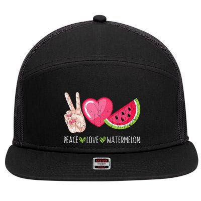 Peace Love Watermelon Funny Summer Fruit Lover Graphic 7 Panel Mesh Trucker Snapback Hat