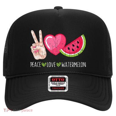 Peace Love Watermelon Funny Summer Fruit Lover Graphic High Crown Mesh Back Trucker Hat