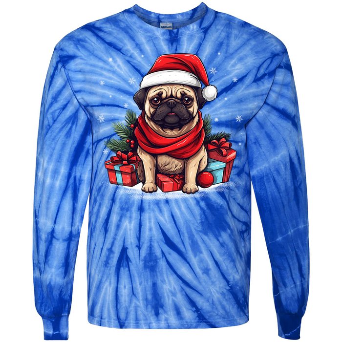 Pug Lover Xmas Decoration Santa Hat Pug Christmas Gift Tie-Dye Long Sleeve Shirt