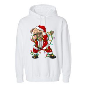 Pug Lover Xmas Family Matching Santa Pug Dabbing Christmas Gift Garment-Dyed Fleece Hoodie