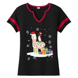 Penguins Lover Xmas Lighting Penguin Riding Llama Christmas Funny Gift Ladies Halftime Notch Neck Tee