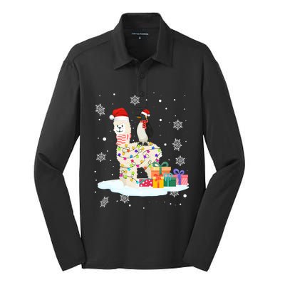 Penguins Lover Xmas Lighting Penguin Riding Llama Christmas Funny Gift Silk Touch Performance Long Sleeve Polo