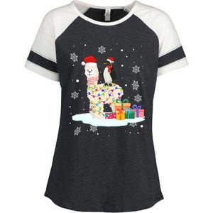 Penguins Lover Xmas Lighting Penguin Riding Llama Christmas Funny Gift Enza Ladies Jersey Colorblock Tee