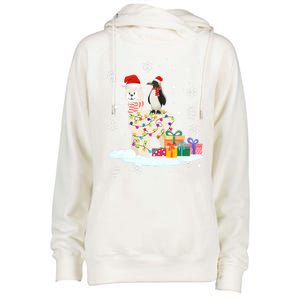 Penguins Lover Xmas Lighting Penguin Riding Llama Christmas Funny Gift Womens Funnel Neck Pullover Hood