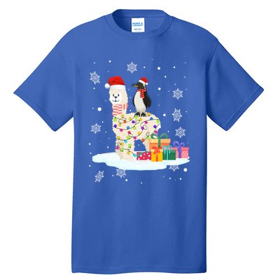 Penguins Lover Xmas Lighting Penguin Riding Llama Christmas Funny Gift Tall T-Shirt