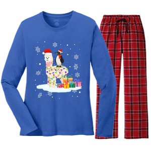 Penguins Lover Xmas Lighting Penguin Riding Llama Christmas Funny Gift Women's Long Sleeve Flannel Pajama Set 