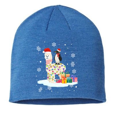 Penguins Lover Xmas Lighting Penguin Riding Llama Christmas Funny Gift Sustainable Beanie