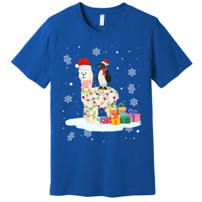 Penguins Lover Xmas Lighting Penguin Riding Llama Christmas Funny Gift Premium T-Shirt