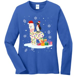 Penguins Lover Xmas Lighting Penguin Riding Llama Christmas Funny Gift Ladies Long Sleeve Shirt