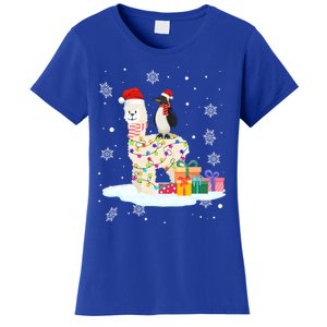 Penguins Lover Xmas Lighting Penguin Riding Llama Christmas Funny Gift Women's T-Shirt