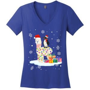 Penguins Lover Xmas Lighting Penguin Riding Llama Christmas Funny Gift Women's V-Neck T-Shirt