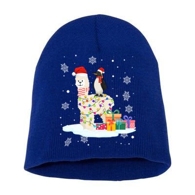 Penguins Lover Xmas Lighting Penguin Riding Llama Christmas Funny Gift Short Acrylic Beanie