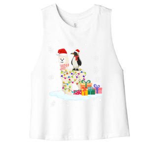 Penguins Lover Xmas Lighting Penguin Riding Llama Christmas Funny Gift Women's Racerback Cropped Tank