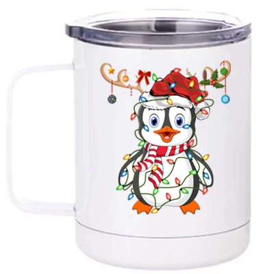 Penguin Lover Xmas Gift Lighting Reindeer Penguin Christmas Meaningful Gift 12 oz Stainless Steel Tumbler Cup