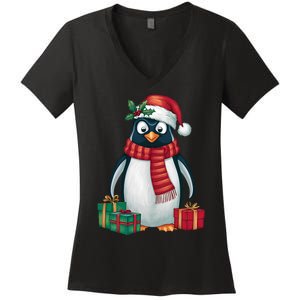 Penguin Lover Xmas Holiday Santa Emperor Penguin Christmas Women's V-Neck T-Shirt