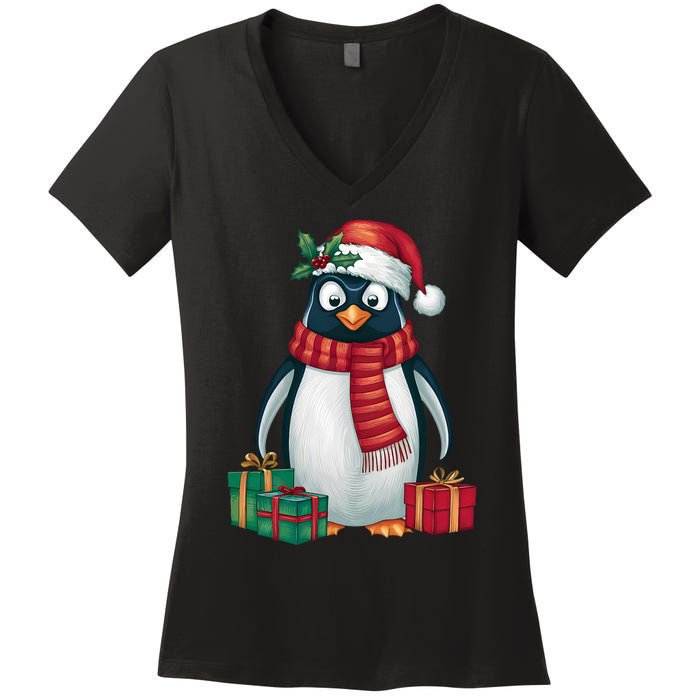 Penguin Lover Xmas Holiday Santa Emperor Penguin Christmas Women's V-Neck T-Shirt