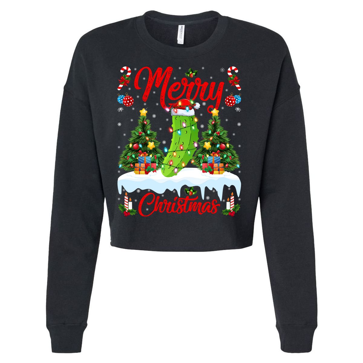 Pickle Lover Xmas Lighting Santa Hat Pickle Christmas Cool Gift Cropped Pullover Crew