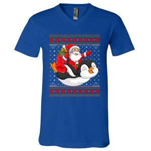 Penguin Lover Xmas Ugly Santa Riding Penguin Christmas Gift V-Neck T-Shirt