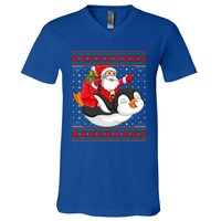 Penguin Lover Xmas Ugly Santa Riding Penguin Christmas Gift V-Neck T-Shirt