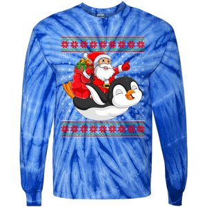 Penguin Lover Xmas Ugly Santa Riding Penguin Christmas Gift Tie-Dye Long Sleeve Shirt