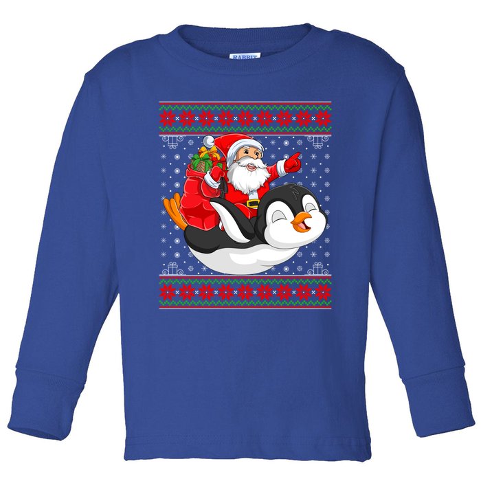 Penguin Lover Xmas Ugly Santa Riding Penguin Christmas Gift Toddler Long Sleeve Shirt