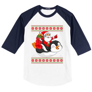 Penguin Lover Xmas Ugly Santa Riding Penguin Christmas Gift Baseball Sleeve Shirt