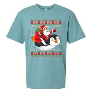 Penguin Lover Xmas Ugly Santa Riding Penguin Christmas Gift Sueded Cloud Jersey T-Shirt