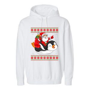 Penguin Lover Xmas Ugly Santa Riding Penguin Christmas Gift Garment-Dyed Fleece Hoodie