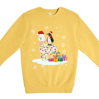 Penguins Lover Xmas Lighting Penguin Riding Llama Christmas Cool Gift Premium Crewneck Sweatshirt