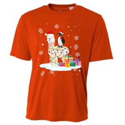 Penguins Lover Xmas Lighting Penguin Riding Llama Christmas Cool Gift Cooling Performance Crew T-Shirt