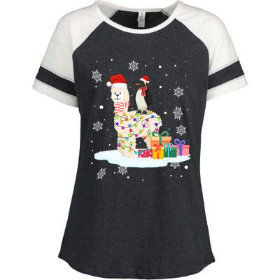 Penguins Lover Xmas Lighting Penguin Riding Llama Christmas Cool Gift Enza Ladies Jersey Colorblock Tee