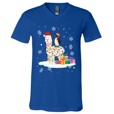 Penguins Lover Xmas Lighting Penguin Riding Llama Christmas Cool Gift V-Neck T-Shirt