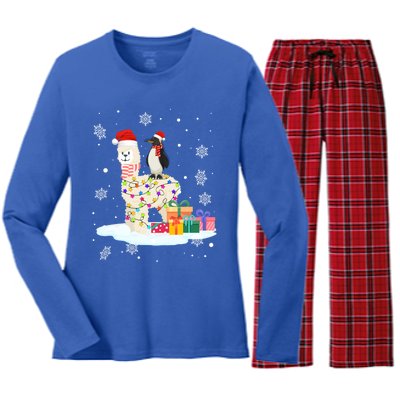 Penguins Lover Xmas Lighting Penguin Riding Llama Christmas Cool Gift Women's Long Sleeve Flannel Pajama Set 