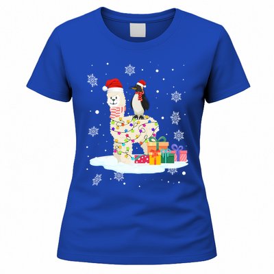 Penguins Lover Xmas Lighting Penguin Riding Llama Christmas Cool Gift Women's T-Shirt