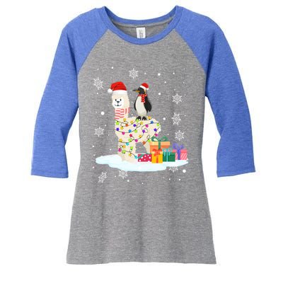 Penguins Lover Xmas Lighting Penguin Riding Llama Christmas Cool Gift Women's Tri-Blend 3/4-Sleeve Raglan Shirt