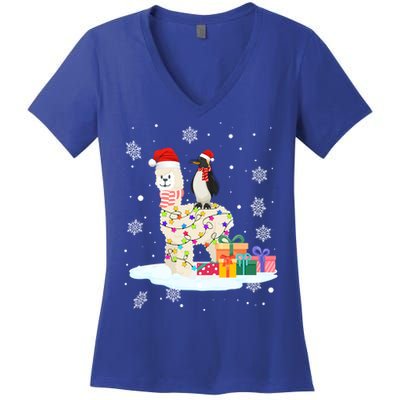 Penguins Lover Xmas Lighting Penguin Riding Llama Christmas Cool Gift Women's V-Neck T-Shirt