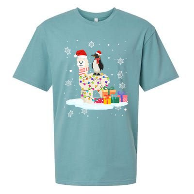 Penguins Lover Xmas Lighting Penguin Riding Llama Christmas Cool Gift Sueded Cloud Jersey T-Shirt