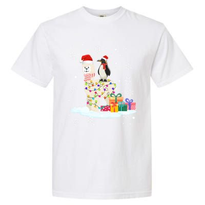 Penguins Lover Xmas Lighting Penguin Riding Llama Christmas Cool Gift Garment-Dyed Heavyweight T-Shirt