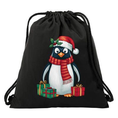 Penguin Lover Xmas Holiday Santa Emperor Penguin Christmas Drawstring Bag
