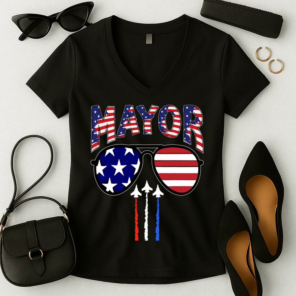 Patriotic Mayor 4th Of July Usa American Flag Women's V-Neck T-Shirt