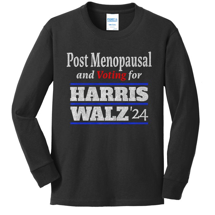 Post Menopausal And Voting For Harris Walz 24 Vintage Font Kids Long Sleeve Shirt