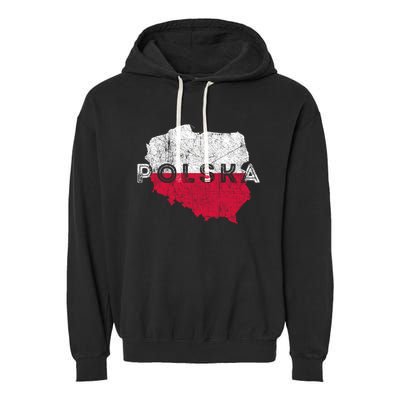 Polish Map And Flag Souvenir Distressed Poland Gift Garment-Dyed Fleece Hoodie