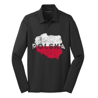 Polish Map And Flag Souvenir Distressed Poland Gift Silk Touch Performance Long Sleeve Polo