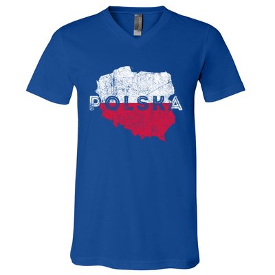 Polish Map And Flag Souvenir Distressed Poland Gift V-Neck T-Shirt