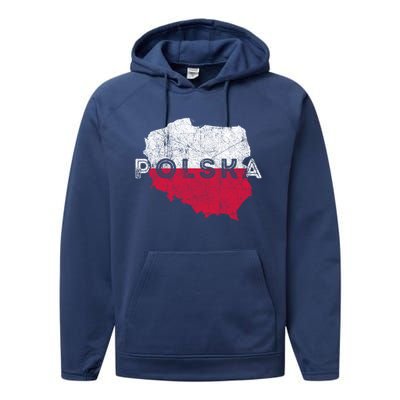 Polish Map And Flag Souvenir Distressed Poland Gift Performance Fleece Hoodie