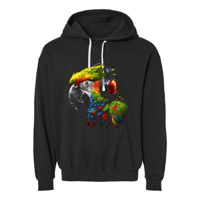 Parrot Music Art Headphones Musicians Animal Bird Parrot Garment-Dyed Fleece Hoodie