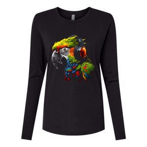 Parrot Music Art Headphones Musicians Animal Bird Parrot Womens Cotton Relaxed Long Sleeve T-Shirt