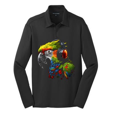 Parrot Music Art Headphones Musicians Animal Bird Parrot Silk Touch Performance Long Sleeve Polo