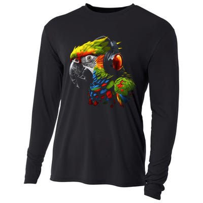 Parrot Music Art Headphones Musicians Animal Bird Parrot Cooling Performance Long Sleeve Crew